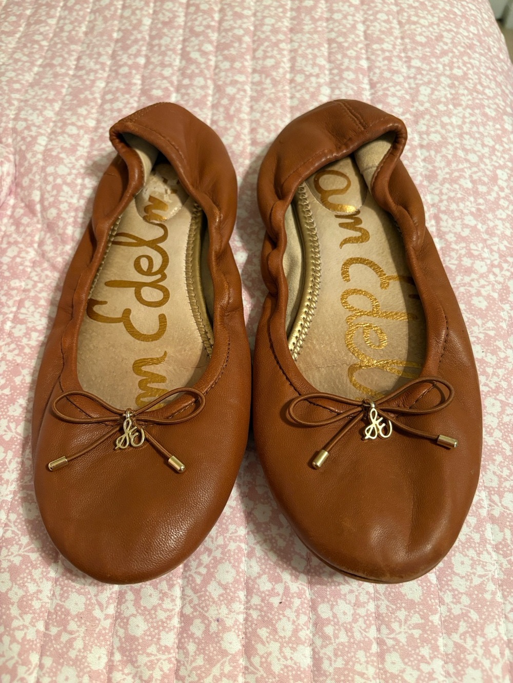 Sam Edelman Tan Leather Ballet Flats with Bow Accent